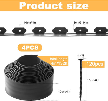 Landscape Edging 4Pack, 4in Tall-132FT Length Garden Edging with 120pcs Spikes, Plastic No Dig