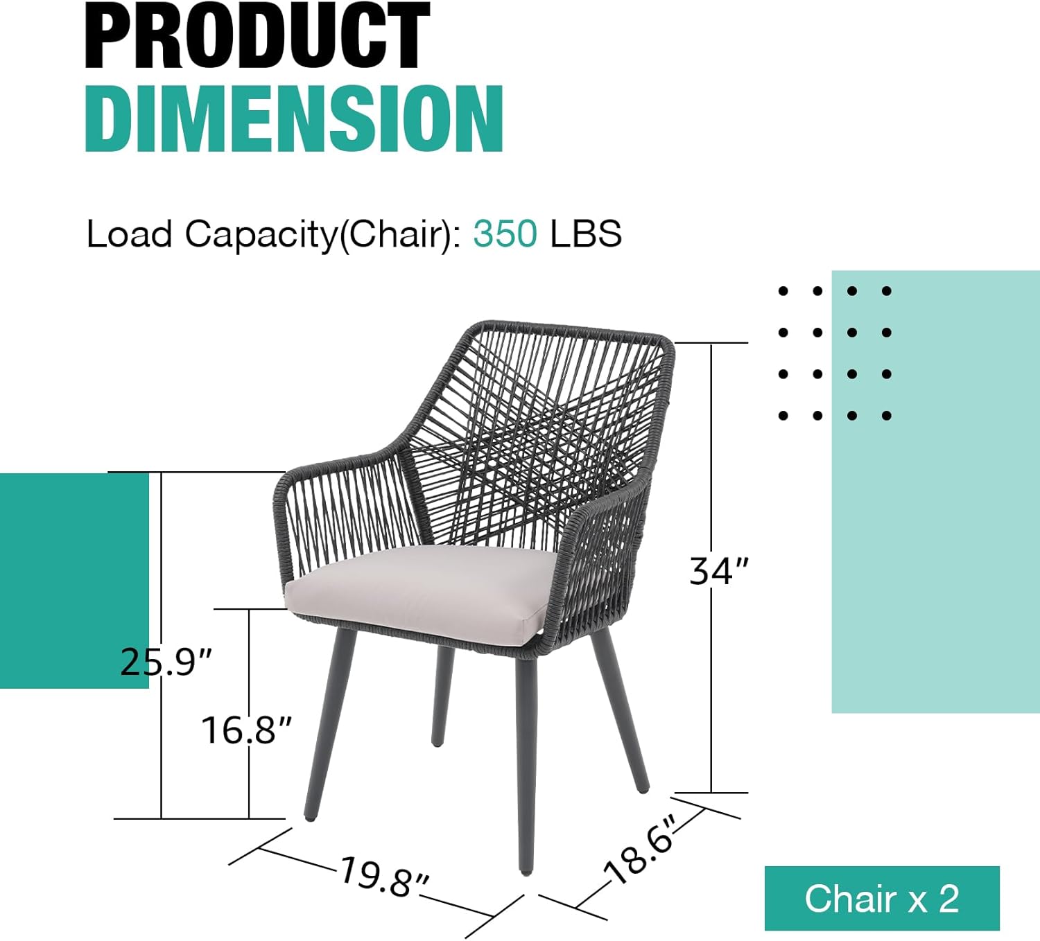 Patiorama Patio Dining Chair Set of 2, Woven Rope Outdoor Dining Chairs w/Steel Frame, All-Weather