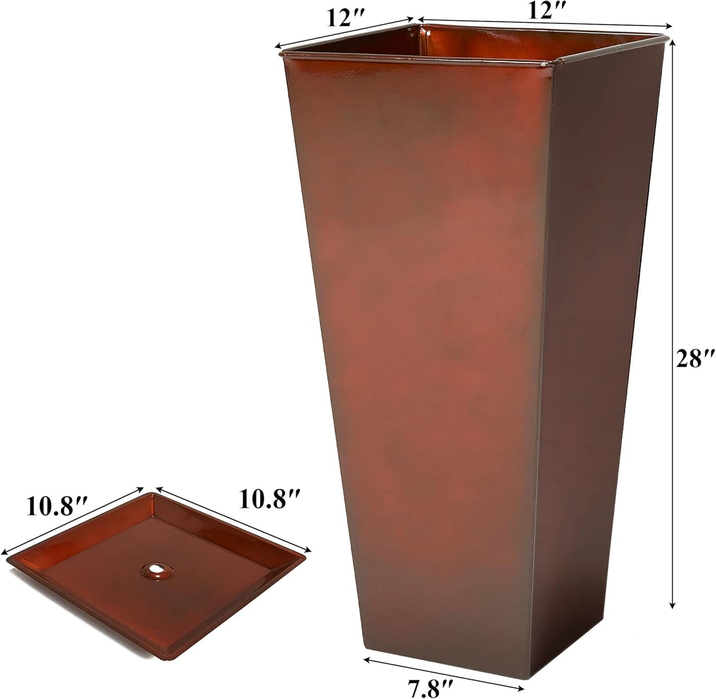 WORTH Garden 28" Large Metal Glazed Planter Set of 2, Luxurious Glossy Finish Red Tall Square