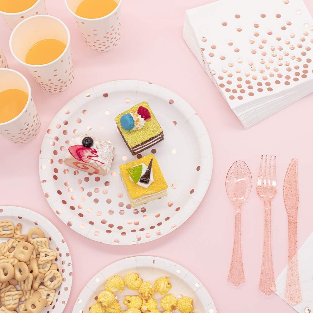 White & Rose Gold Party Supplies - 350 PCS Disposable Dinnerware Set with Paper Plates Napkins