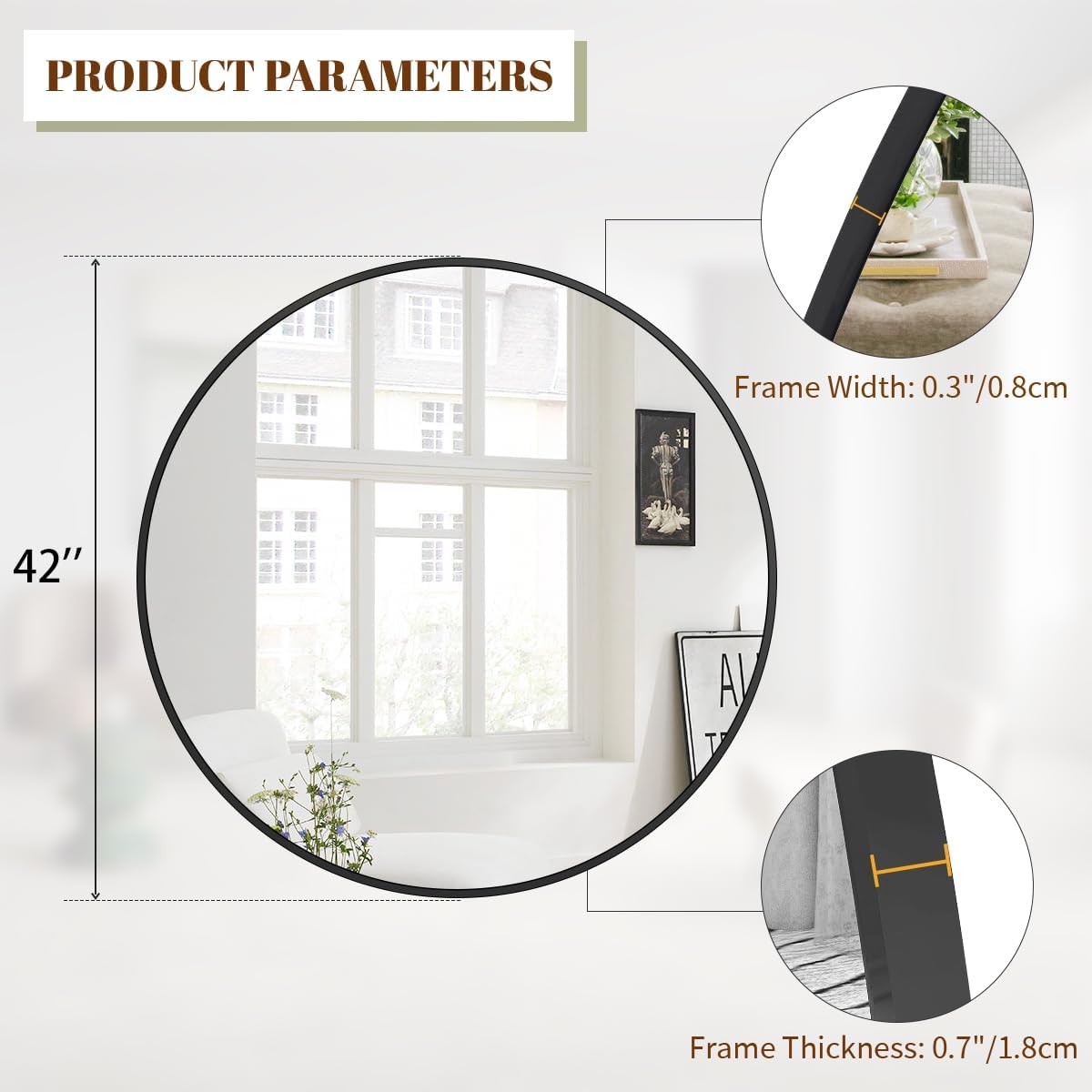 BEAUTYPEAK 42 Inch Round Mirror, Metal Frame Circle Mirror, Wall Mounted for Entryway, Bathroom