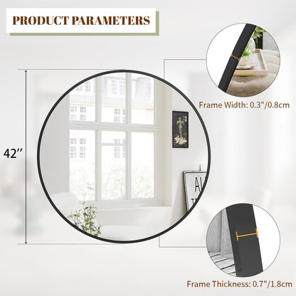 BEAUTYPEAK 42 Inch Round Mirror, Metal Frame Circle Mirror, Wall Mounted for Entryway, Bathroom