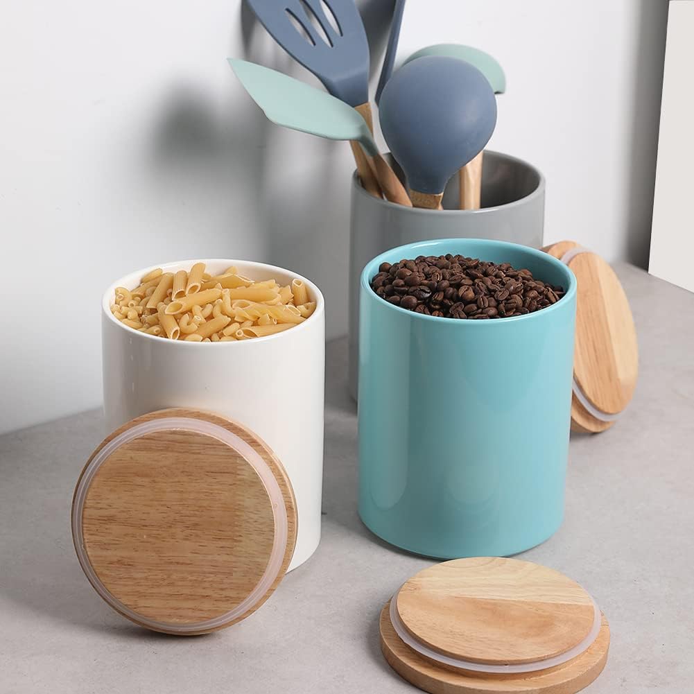 Sweejar Kitchen Canisters Ceramic Food Storage Jar, Stackable Containers with Airtight Seal Wooden