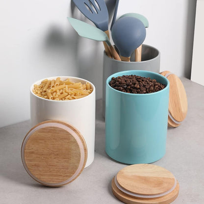 Sweejar Kitchen Canisters Ceramic Food Storage Jar, Stackable Containers with Airtight Seal Wooden