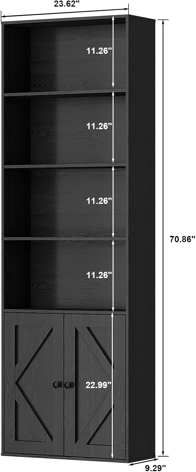Tall Wooden Bookshelf with Cabinet and Doors – 70.86” Freestanding Tall Bookcase for Heavy Books