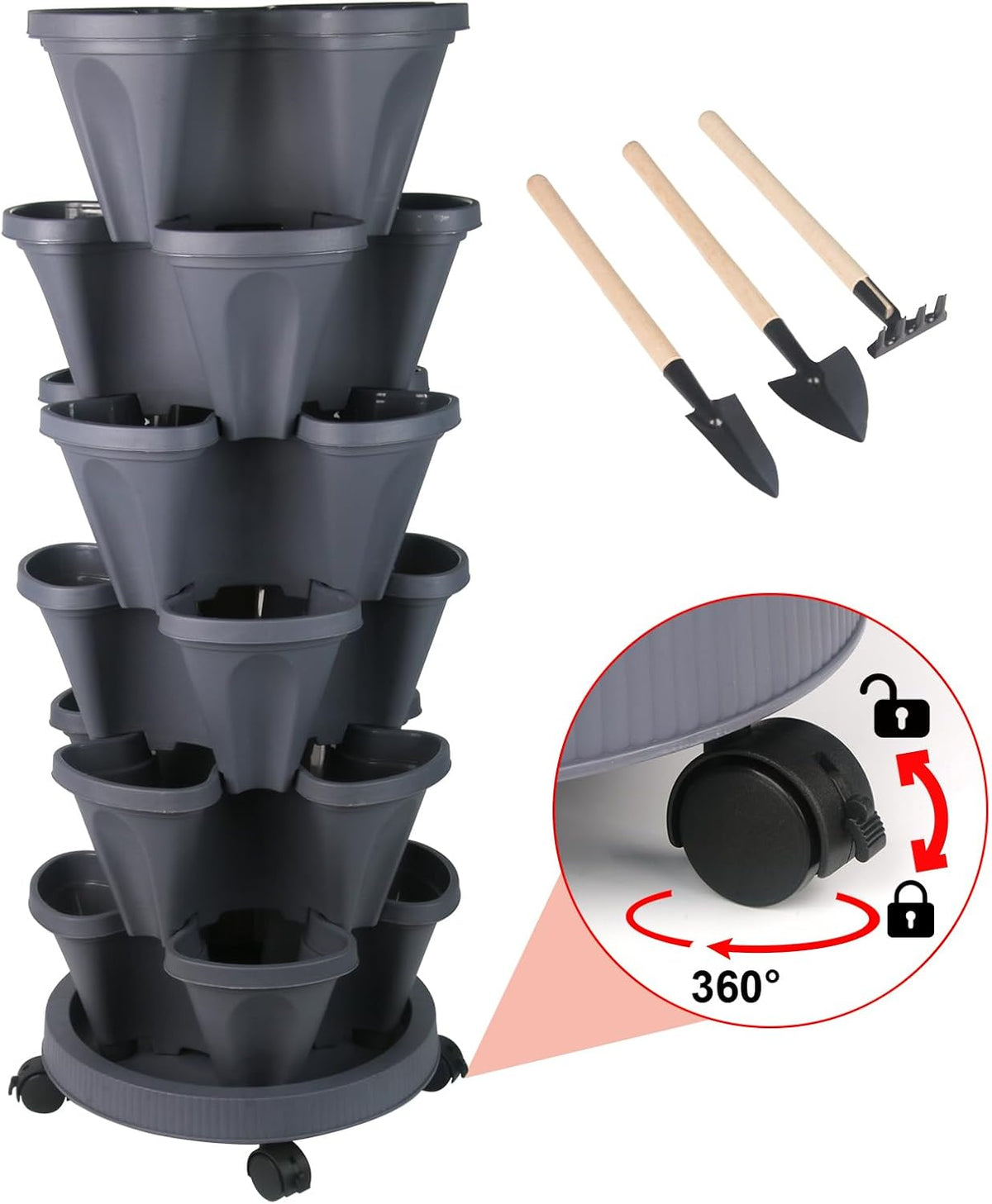 DUNCHATY Stackable Planter, Vertical Garden Planter with Wheels and Tools, Self Watering Strawberry