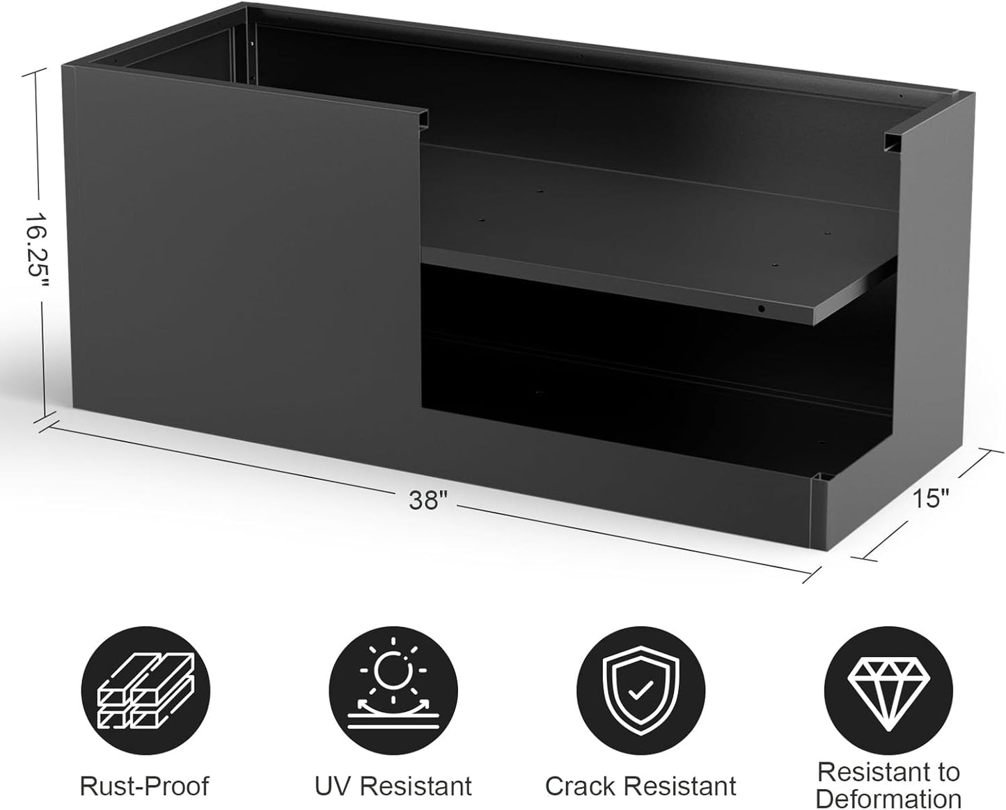 Long Metal Cube Planter for Outdoor Plants 15" W x 38" L x 16.25" H, Heavy Duty Steel Rectangular