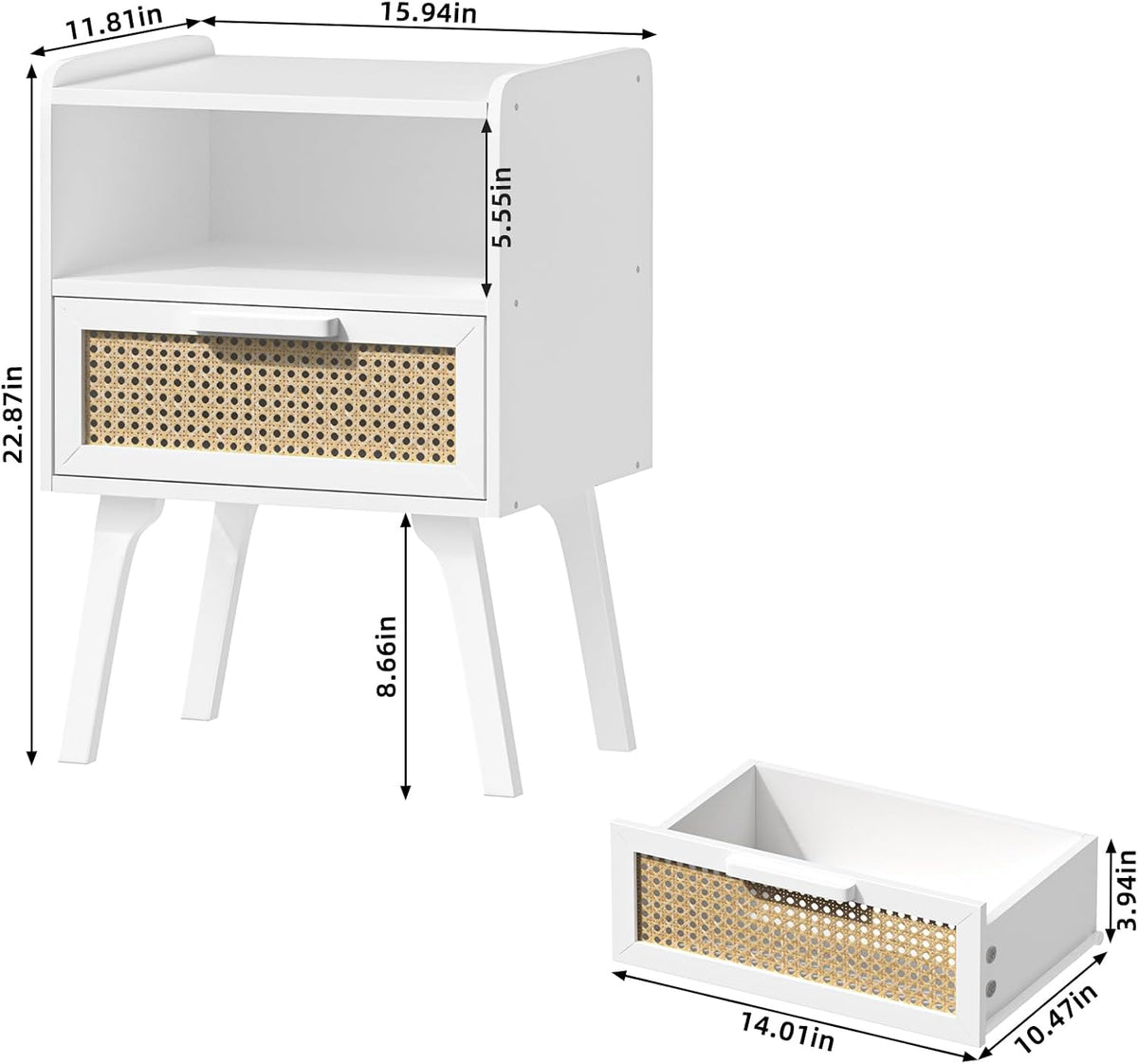 Lerliuo Rattan Nightstand, Bedside Table with Drawer Open Shelf, Cane Accent Side End Table with