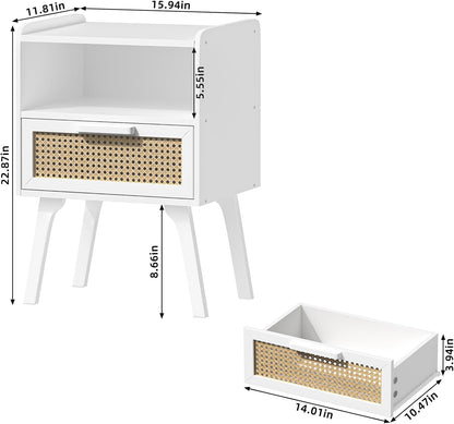 Lerliuo Rattan Nightstand, Bedside Table with Drawer Open Shelf, Cane Accent Side End Table with