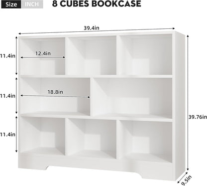 Book Shelf, 8 Cubes Storage Organizer, 3-Tier Open Shelf Wooden Bookcase, Freestanding White