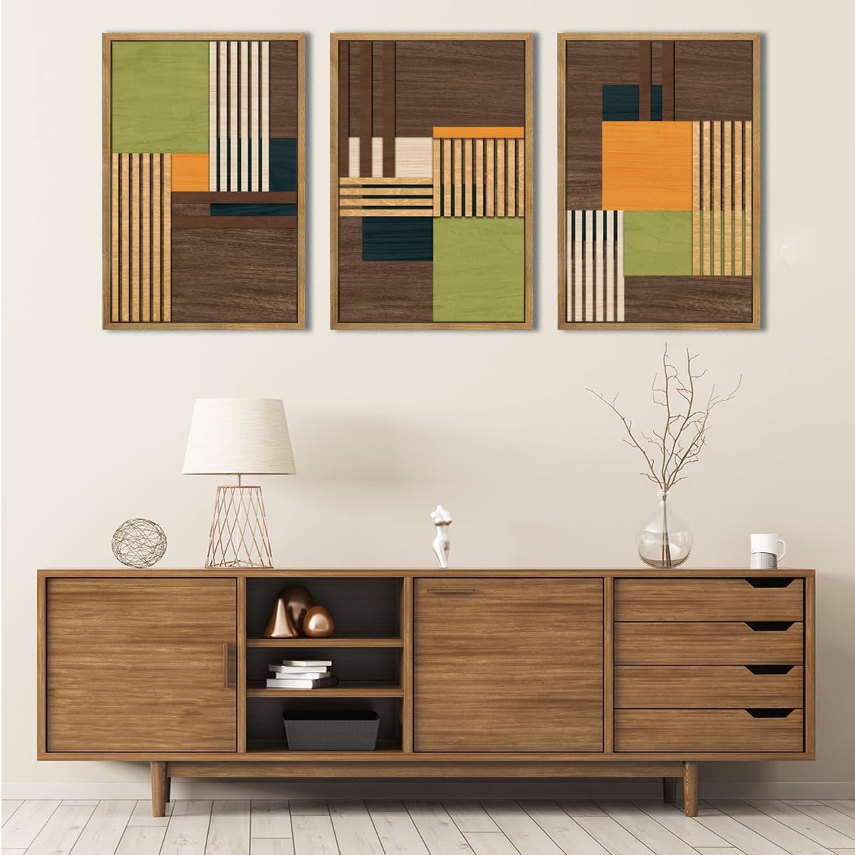 Large Modern Abstract Wall Art Set Minimalist Line Wood Wall Decor Neutral Brown Art Decor Colorful