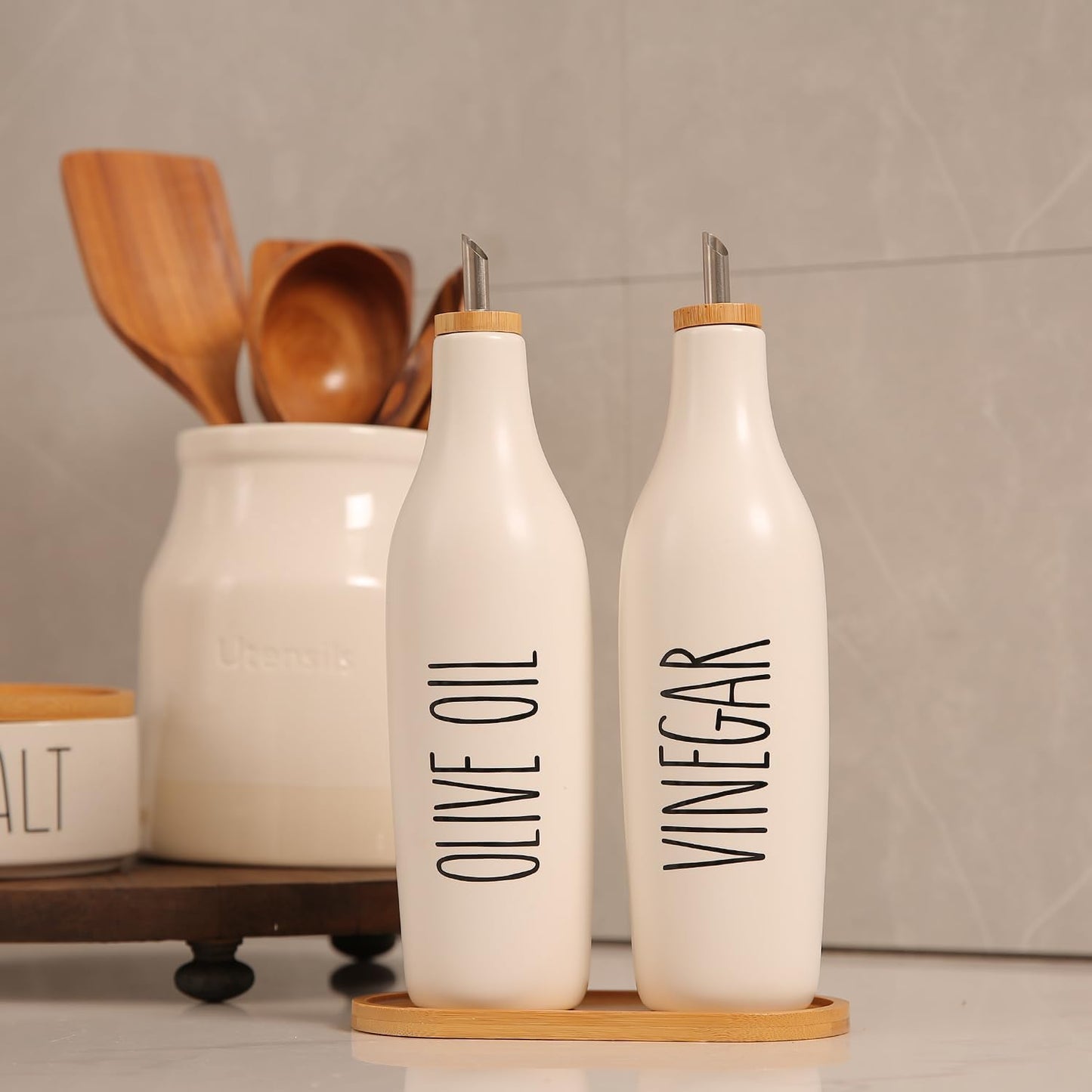 HOMCDALY Olive Oil and Vinegar Dispenser Set, 16oz Ceramic Oil Dispenser for Kitchen, Kitchen