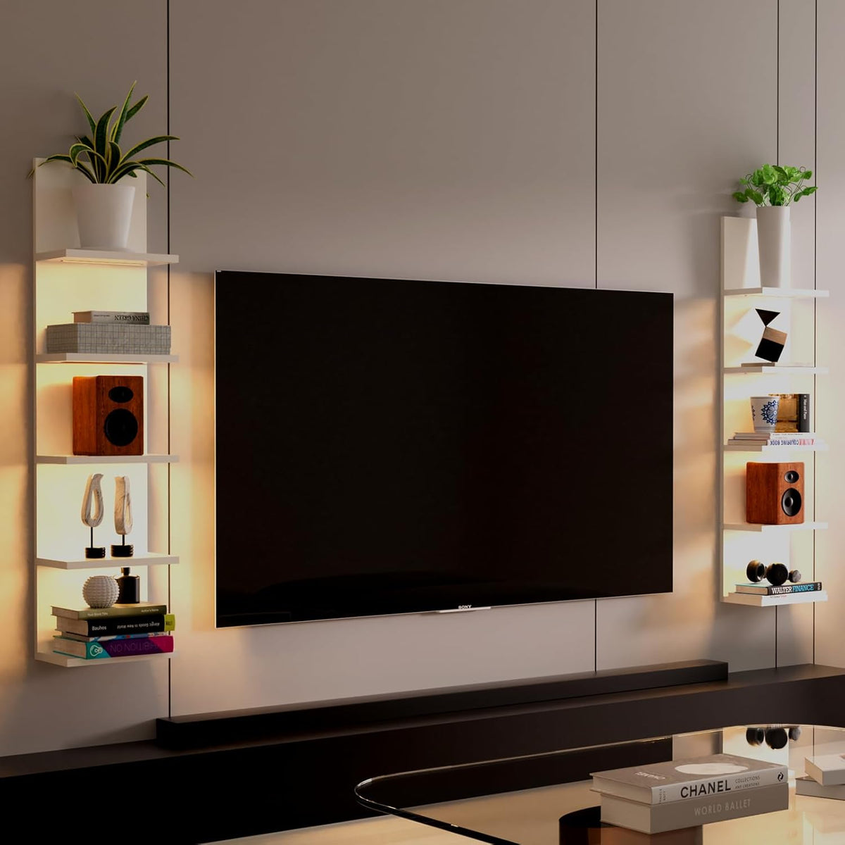 5 Tier Wall Shelf with Light, White Modern Vertical Lack Wall Shelves, Wall Mount, Floating Column
