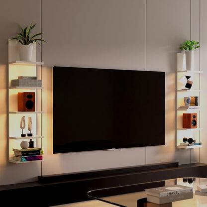 5 Tier Wall Shelf with Light, White Modern Vertical Lack Wall Shelves, Wall Mount, Floating Column
