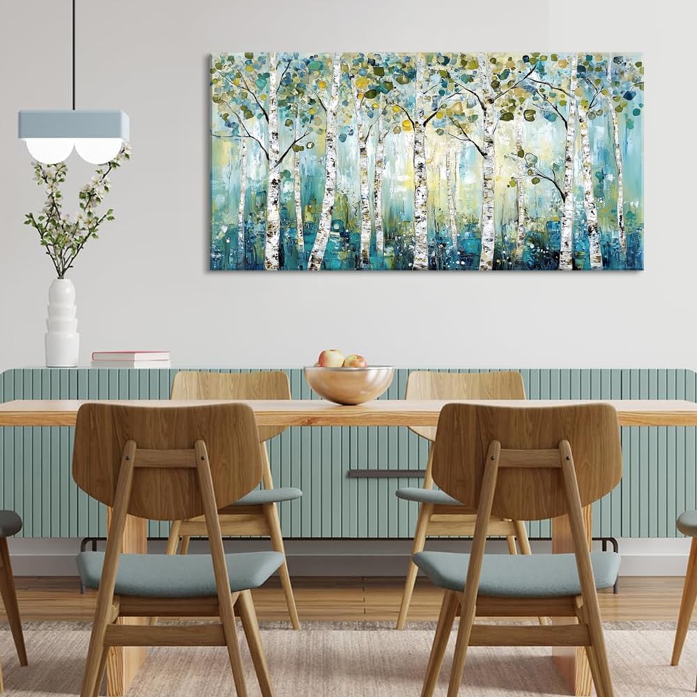 LASMOND Abstract Teal Grove Canvas Paintings Prints Modern Tree Wood Artwork Decor Wall Art for