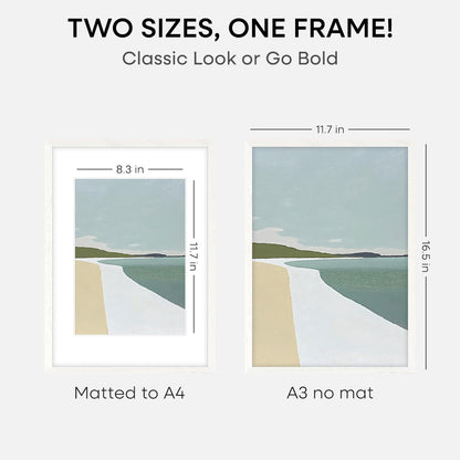 Homeforia A3 Picture Frame White Wood, High-End Oak 11.7 x 16.5 White Poster Frames Matted to 8.3