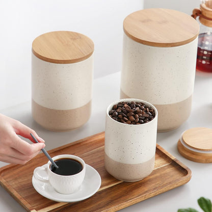 vancasso Sabine Small Ceramic Canister with Airtight Wood Lid - 18 oz Kitchen Storage for Coffee