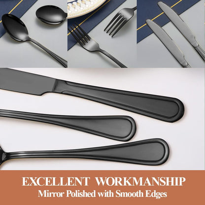 20 Pcs Black Silverware Set for 4 with Simple Striped Handle Design, Food Grade Stainless Steel