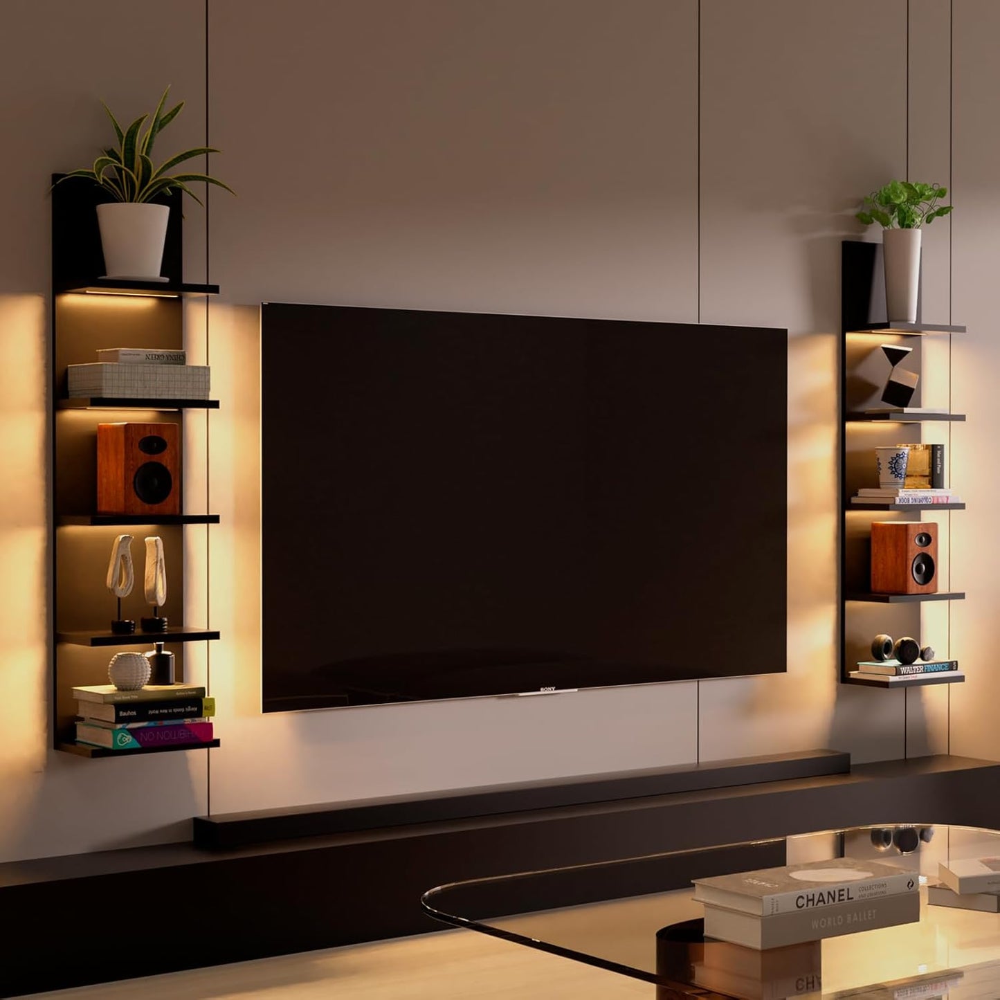 5 Tier Wall Shelf Unit, Black Modern Vertical Lack Wall Shelves with Light, Wall Mount, Floating