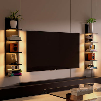 5 Tier Wall Shelf Unit, Black Modern Vertical Lack Wall Shelves with Light, Wall Mount, Floating