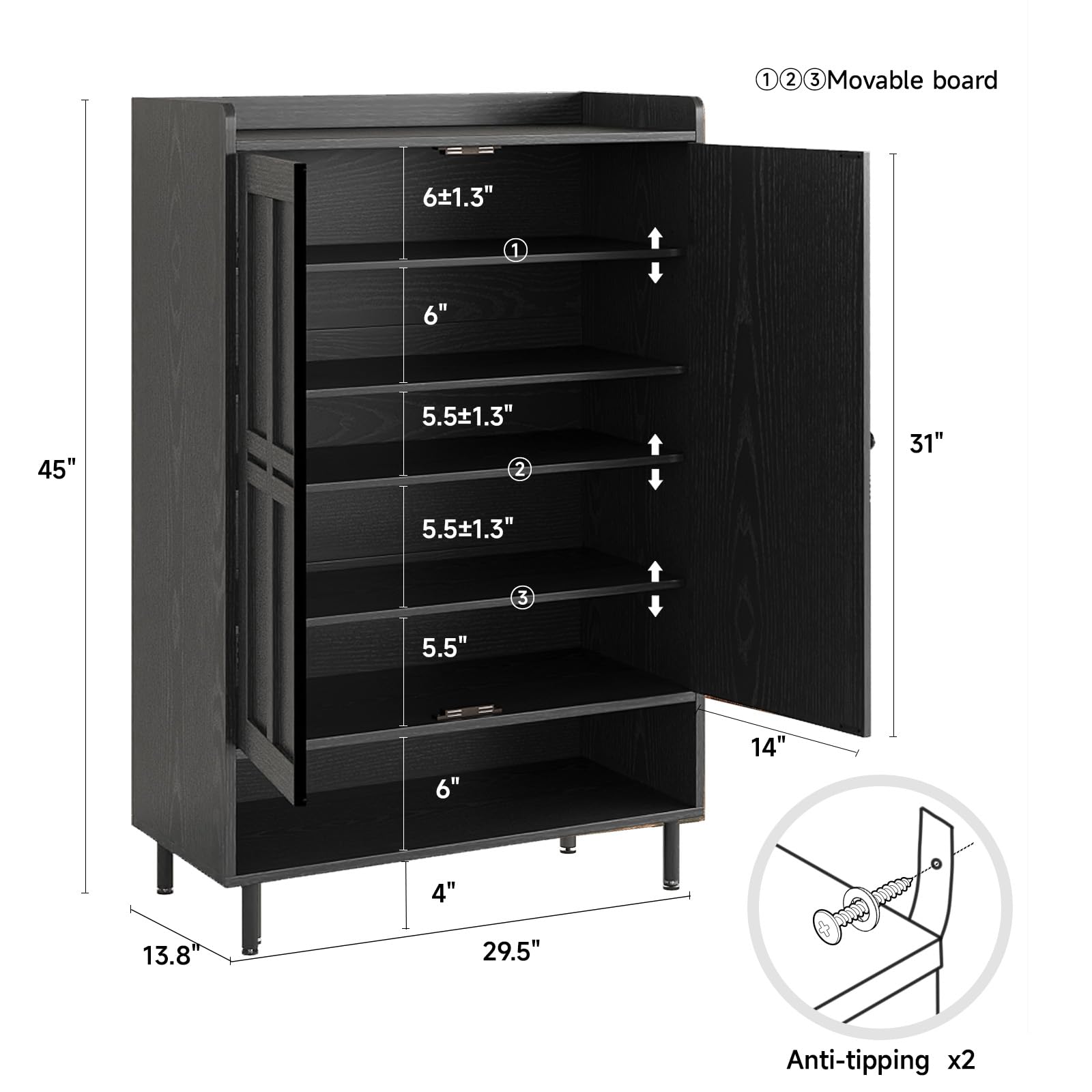 ComfyCorner Shoe Cabinet with Cross Molding Doors, 6-Tier Storage, Black