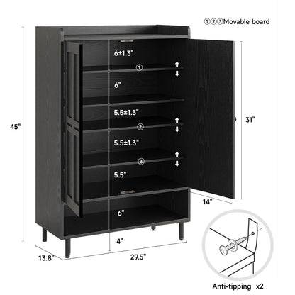ComfyCorner Shoe Cabinet with Cross Molding Doors, 6-Tier Storage, Black