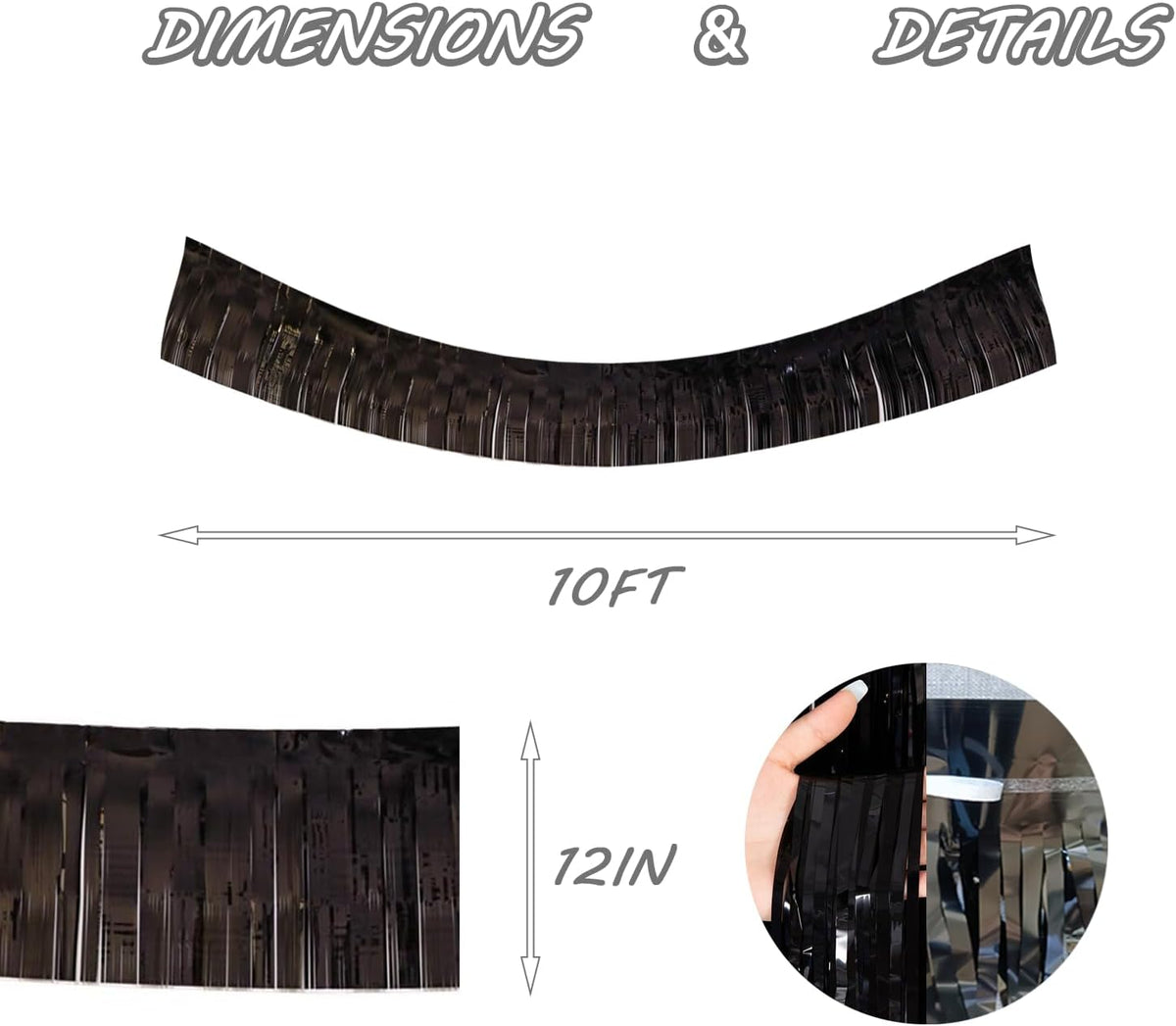 Black Foil Fringe Garland 10FT 6packs, Metallic Foil Tinsel Fringe Banners for Parade Float