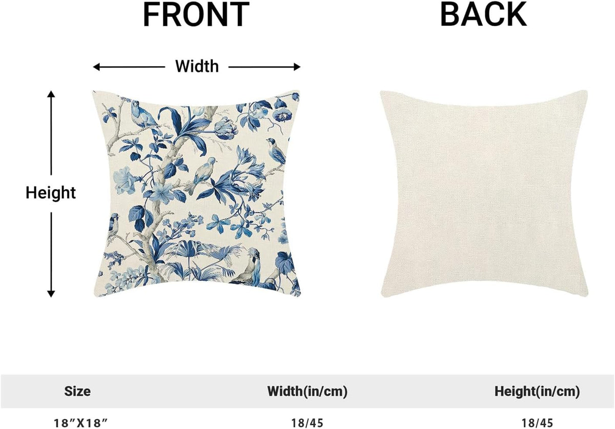 CXMEIFLY Navy Blue Spring Floral Pillow Covers 18 x 18 Inch Set of 2 for Chinoiserie Flowers Bird