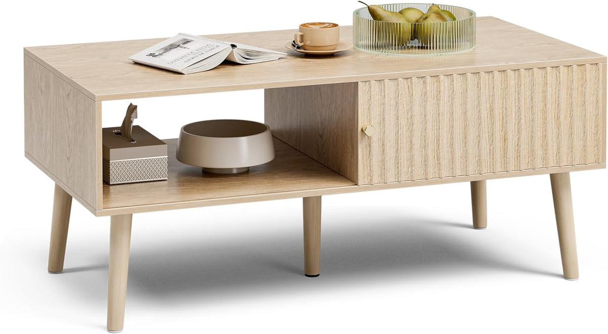 Coffee Table with Storage, Boho Dining Table with Sliding Fluted Door and Solid Wood Legs, Small