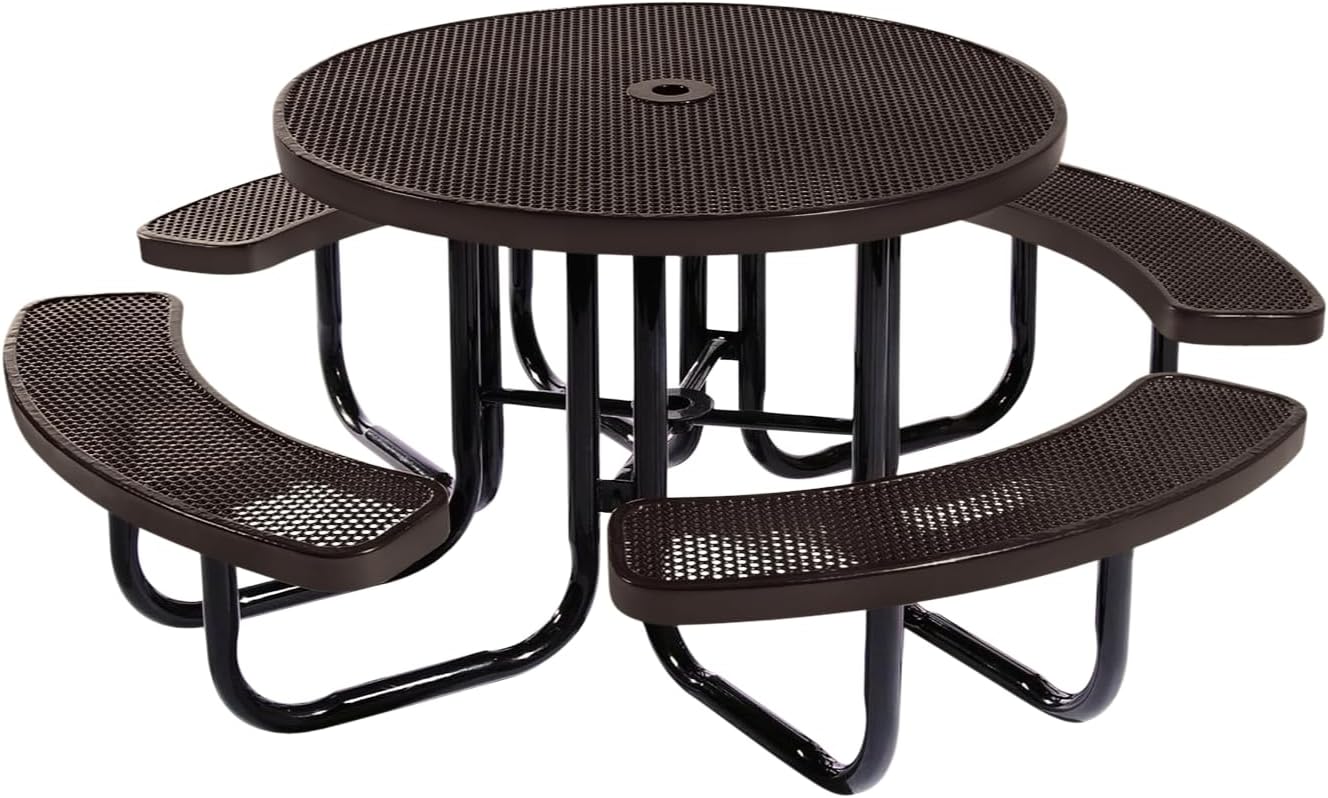 Heavy-Duty Portable Outdoor Picnic Table with Umbrella Hole, Punched Steel Commercial-Grade Patio