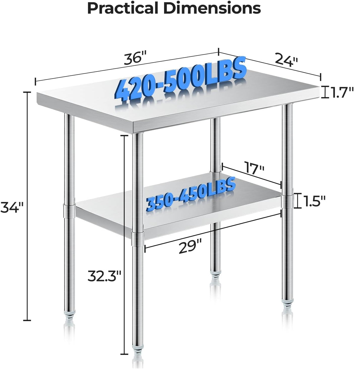 NUUK Stainless Steel Work Table 24 x 36 Inches Heavy Duty Commercial Workstation Adjustable Height