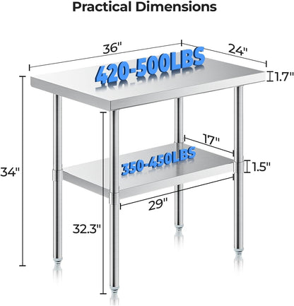 NUUK Stainless Steel Work Table 24 x 36 Inches Heavy Duty Commercial Workstation Adjustable Height