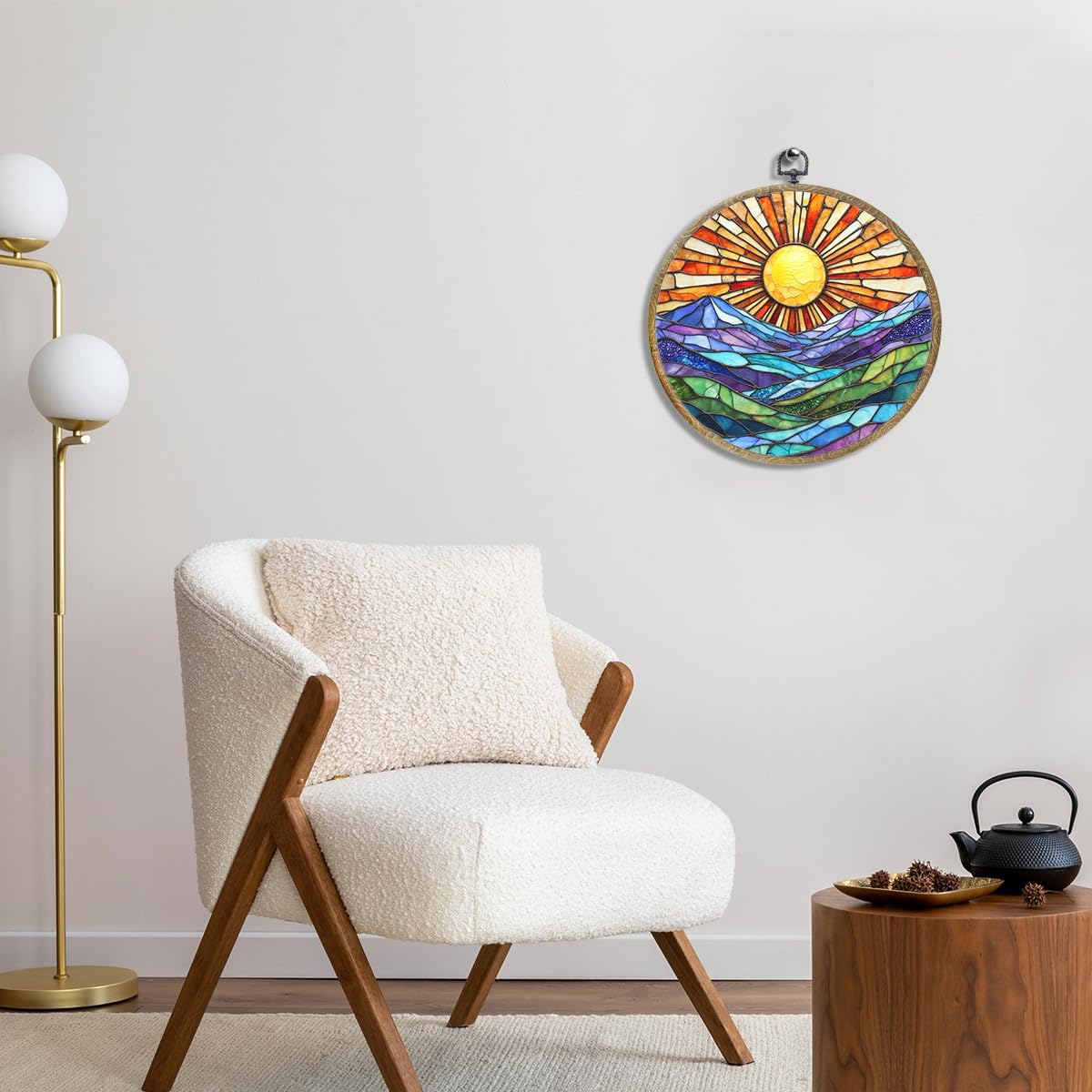 Colorful Mountain Sunset Bohemian Style Rainbow Sunrise Art Gift Framed Round Wall Decor Canvas