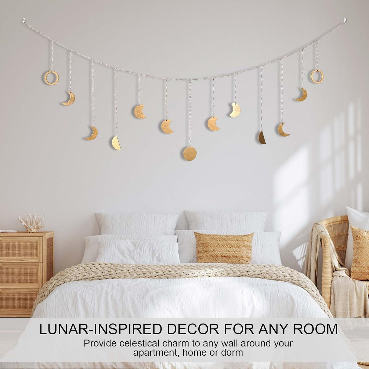 Moon Phase Wall Decor with LED String Light, 13 Gold Wood Boho Wall Hanging Decor Mood Garland 56''
