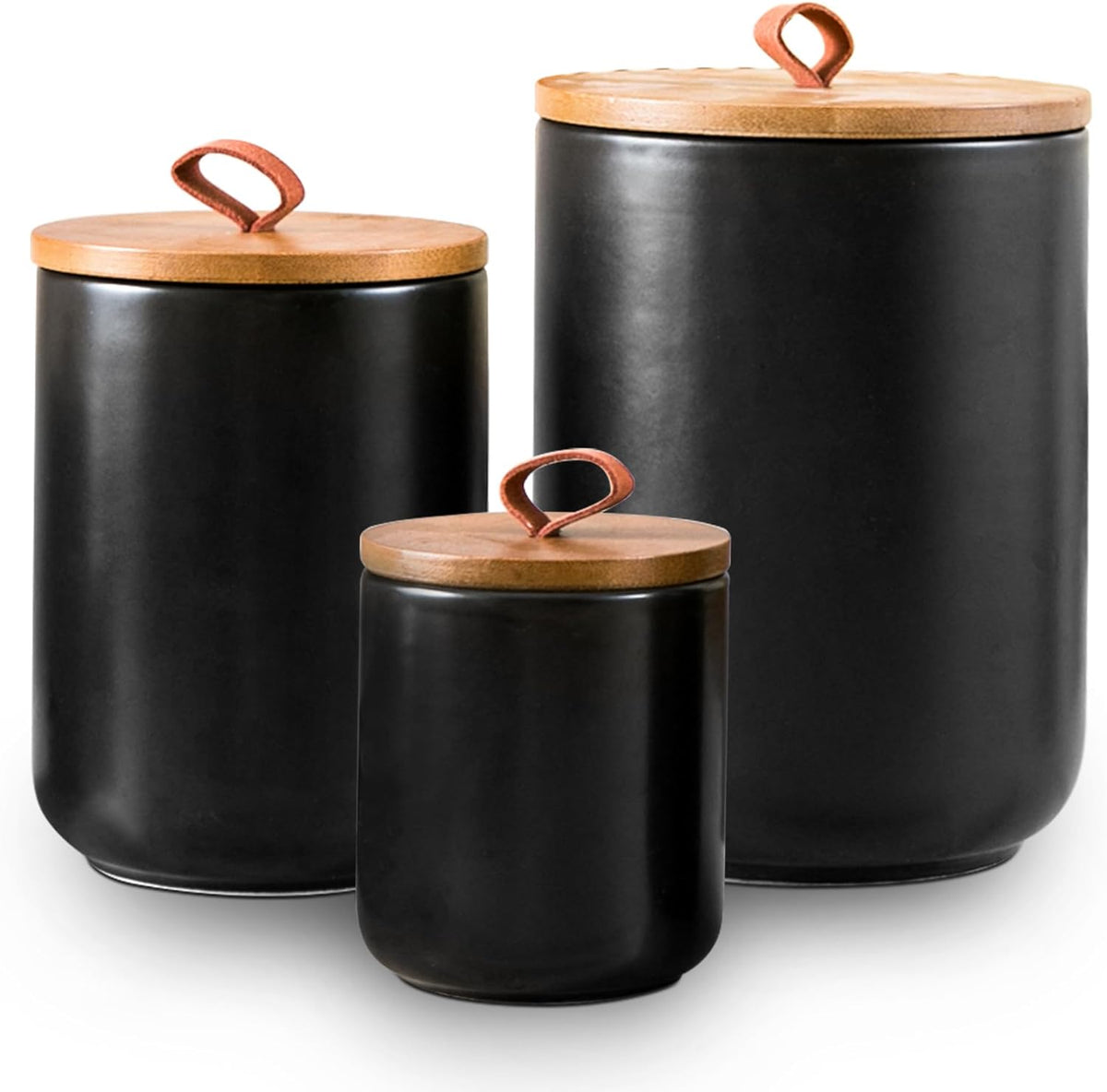 Black Ceramic Canister Set, 3pcs Ceramic Kitchen Canisters for Countertop with Airtight Wood Lids