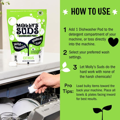 Molly's Suds Dishwasher Pods | Clean Dishwasher Detergent, Cuts Grease & Rinses Clean