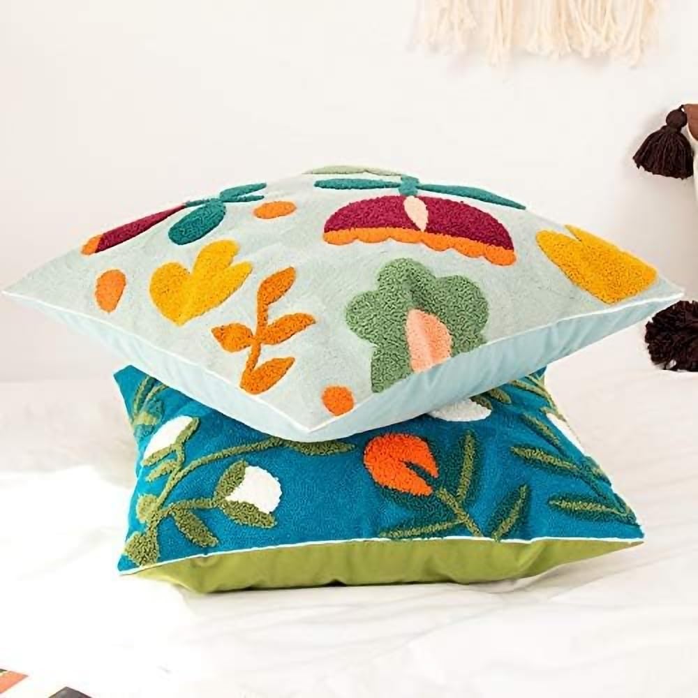 MOCOFO Canvas Embroidered Throw Pillow Cover with Flower Spring Embroidery Craft Modern Simple Sofa