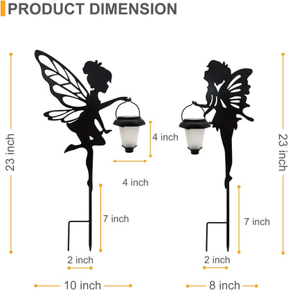 Solar Fairy Garden Stake Decorative Lantern, 2 Pack Metal Fairy Angel Garden Silhouette Lights for