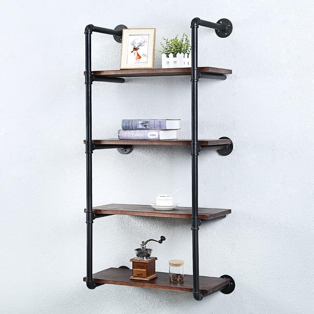 Industrial Pipe Shelving Wall Mounted,24in Rustic Metal Floating Shelves,Steampunk Real Wood Book