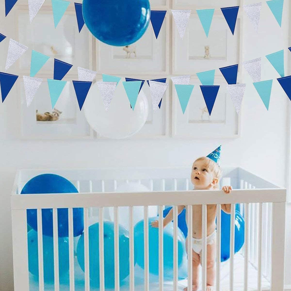 30 Ft Navy Blue Silver Pennant Banner Royal Blue Hanging Paper Triangle Bunting Flag Garland for
