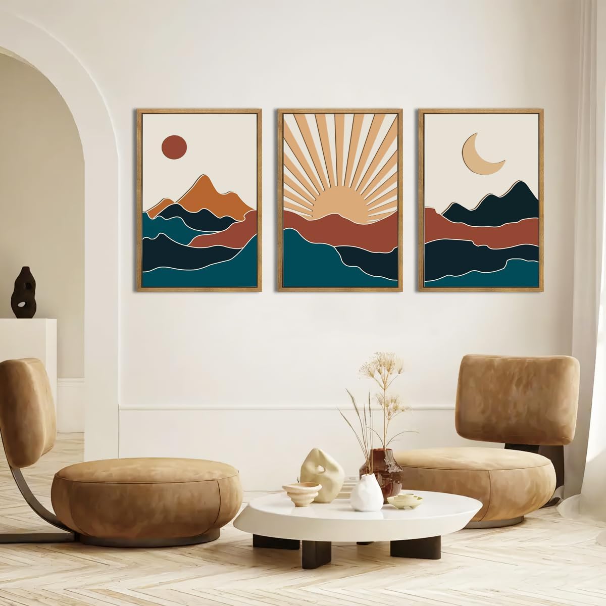 Large Boho Mountain Wall Art Set Modern Abstract Bohemian Wood Wall Decor Colorful Mid Century