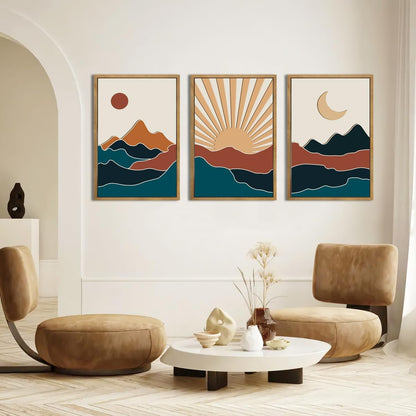 Large Boho Mountain Wall Art Set Modern Abstract Bohemian Wood Wall Decor Colorful Mid Century