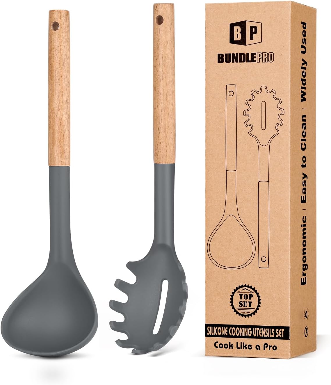 Silicone Pasta Fork and Ladle Spoon Set with Wooden Handle, Heat Resistant Non Stick Kitchen