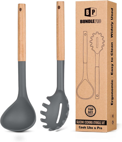 Silicone Pasta Fork and Ladle Spoon Set with Wooden Handle, Heat Resistant Non Stick Kitchen