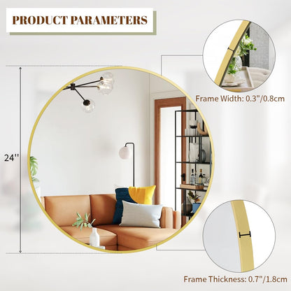 BEAUTYPEAK 24 Inch Round Mirror, Metal Frame Circle Mirror, Wall Mounted for Entryway, Bathroom