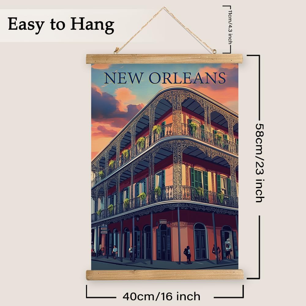 WREVERW Vintage New Orleans Poster Canvas Print with Wooden Hanger Frame, Featuring French Quarter