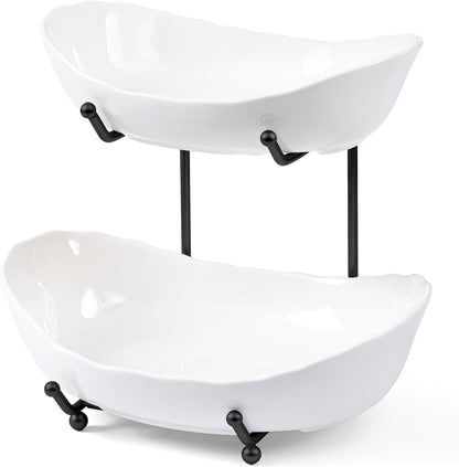 HBlife Fruit Bowl for Kitchen Counter - 2 Tier Ceramic Fruit Rack, Fruit Basket for Fresh