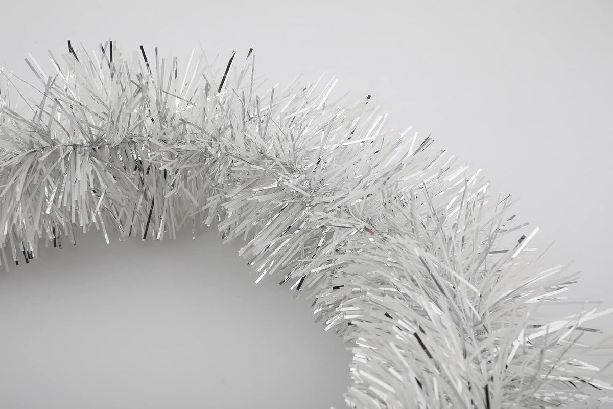 25 ft Long Roll Silver & White Tinsel Twist Garland, Shiny Metallic Foil Decorations for Halloween