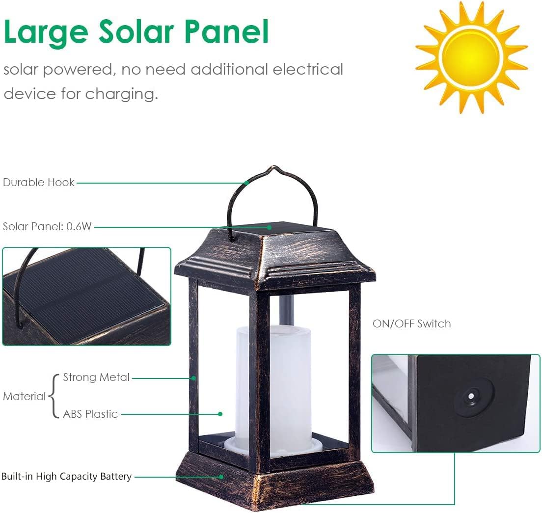 TomCare Solar Lights Metal Flickering Flame Solar Lantern Outdoor Hanging Lanterns Lighting Heavy