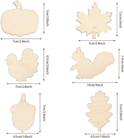 60 Pieces Fall Thanksgiving Unfinished Wooden Ornaments Maple Leaves Pumpkin Wood Cutout Squirrel
